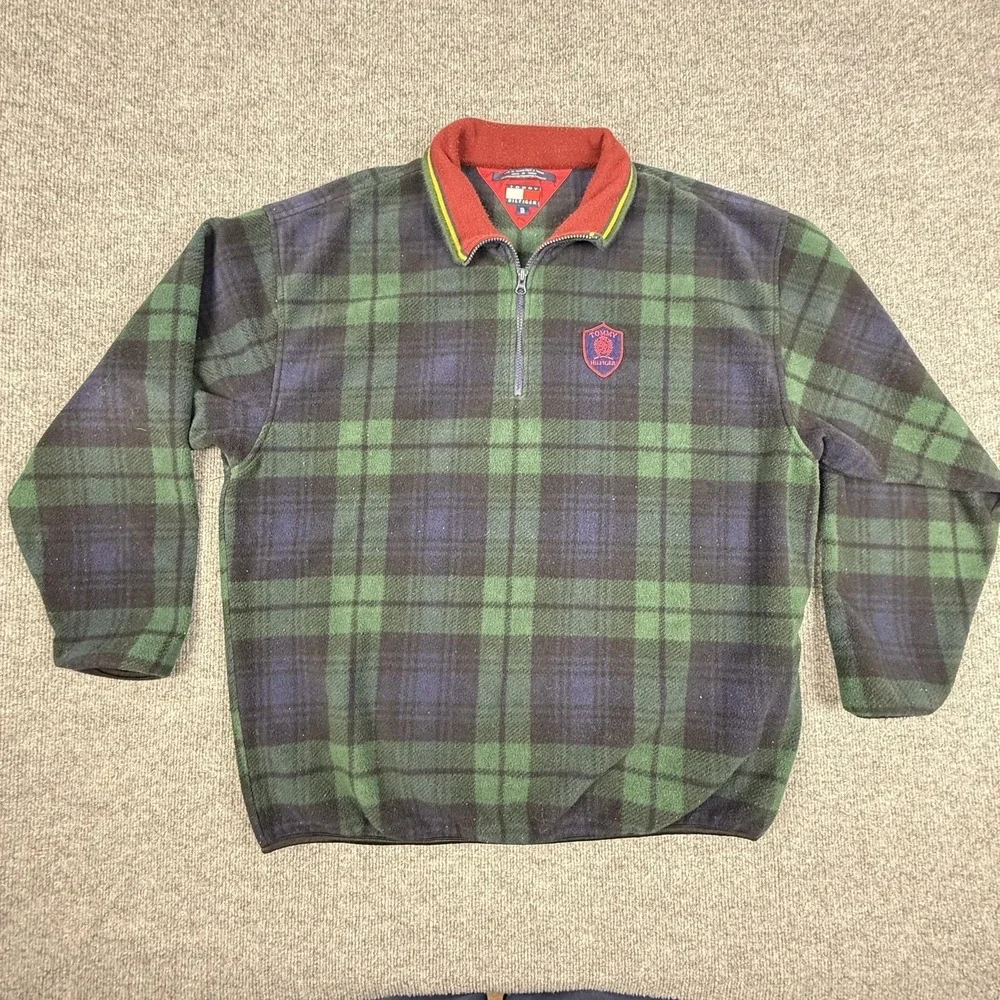 Vintage Tommy Hilfiger Sweater Mens 2XL Green Plaid Fleece 1/4 Zip Pullover 90s